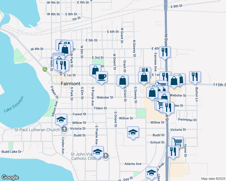map of restaurants, bars, coffee shops, grocery stores, and more near 216 South Orient Street in Fairmont