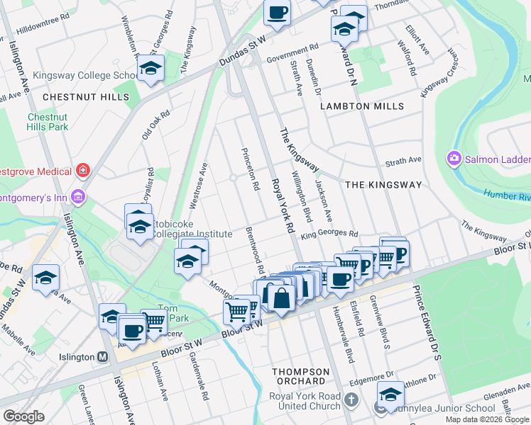 map of restaurants, bars, coffee shops, grocery stores, and more near 5 Princeton Road in Toronto