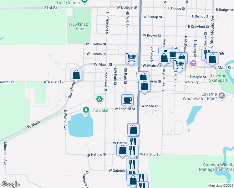 map of restaurants, bars, coffee shops, grocery stores, and more near 301 Southwest Park Street in Luverne
