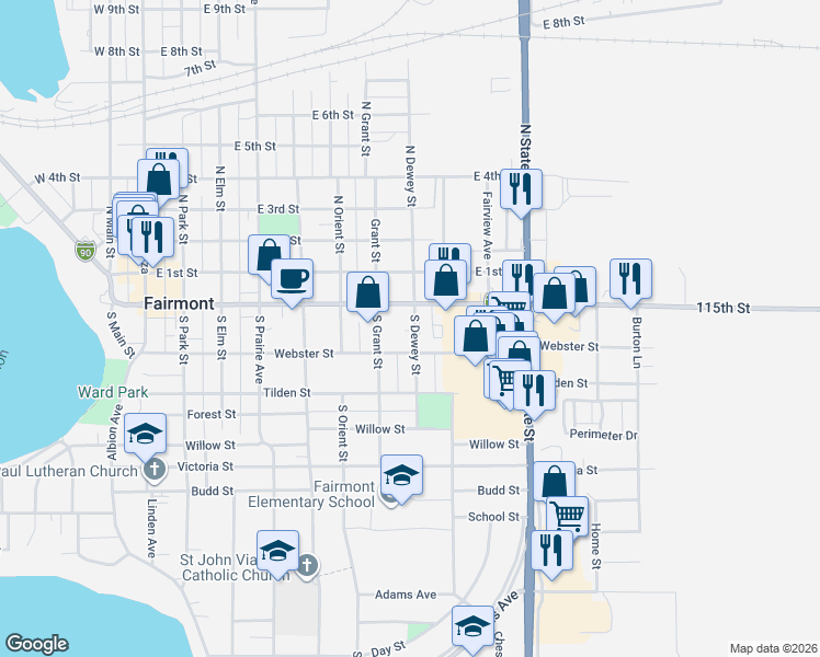map of restaurants, bars, coffee shops, grocery stores, and more near 724 East Blue Earth Avenue in Fairmont