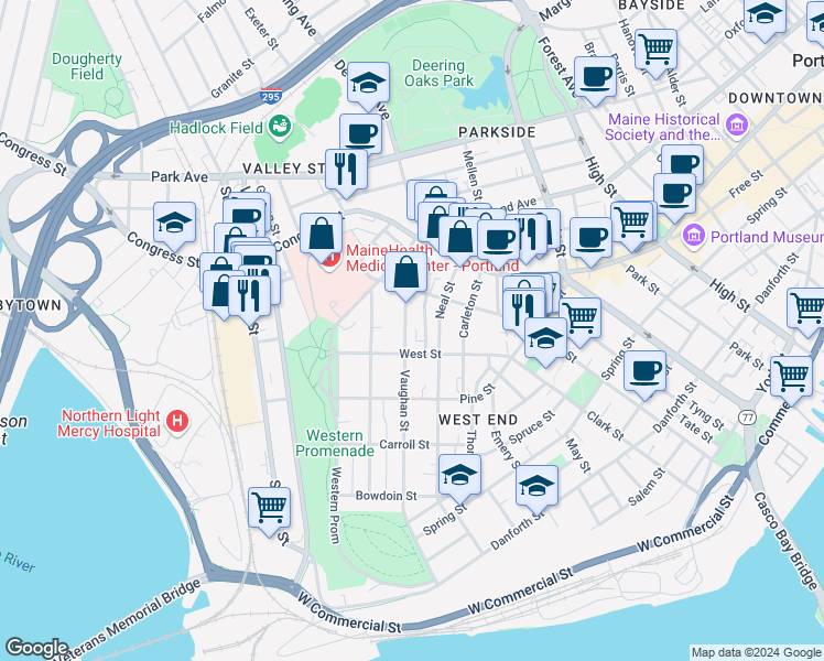 map of restaurants, bars, coffee shops, grocery stores, and more near 215 Vaughan Street in Portland