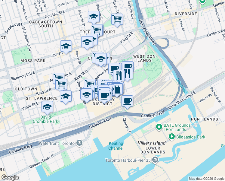 map of restaurants, bars, coffee shops, grocery stores, and more near 80 Mill Street in Toronto