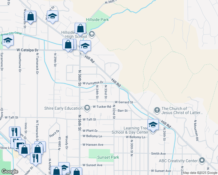 map of restaurants, bars, coffee shops, grocery stores, and more near 3417 North Stone Creek Road in Boise