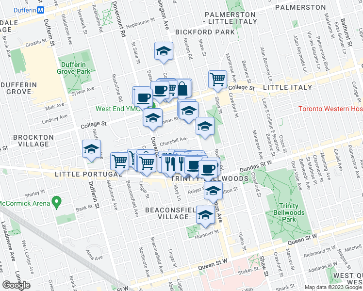 map of restaurants, bars, coffee shops, grocery stores, and more near 63 Lakeview Avenue in Toronto