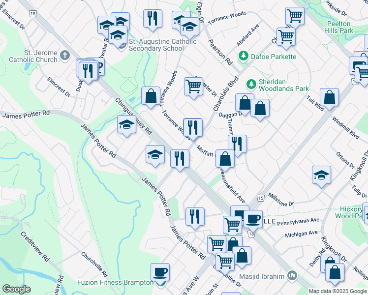 map of restaurants, bars, coffee shops, grocery stores, and more near 18 Cutters Crescent in Brampton