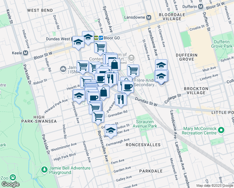 map of restaurants, bars, coffee shops, grocery stores, and more near 2029 Dundas Street West in Toronto