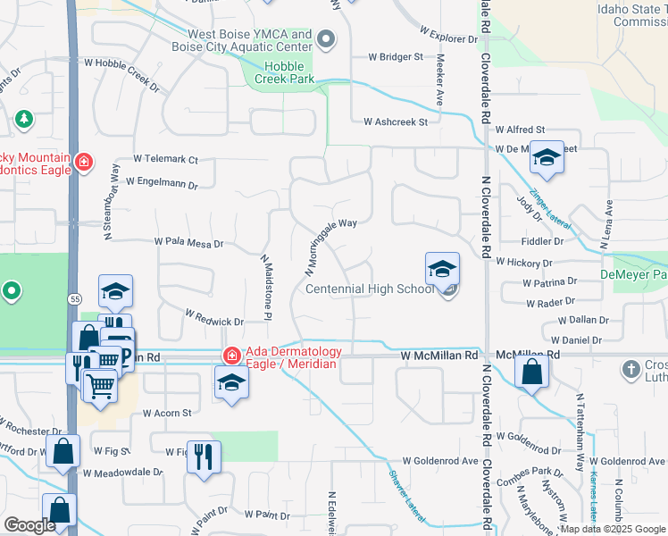 map of restaurants, bars, coffee shops, grocery stores, and more near 5157 North Brookmeadow Drive in Boise