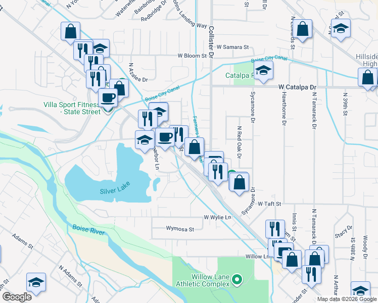 map of restaurants, bars, coffee shops, grocery stores, and more near 4959 West Station Lane in Boise