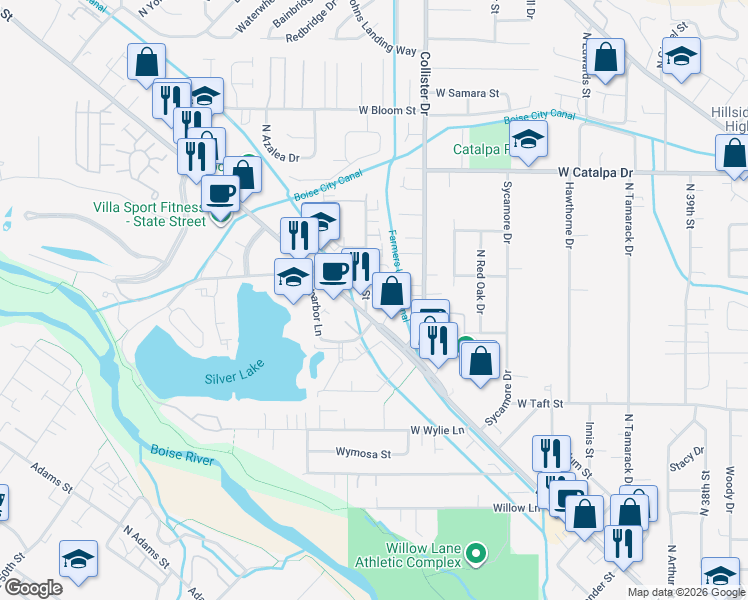map of restaurants, bars, coffee shops, grocery stores, and more near 4959 West Station Lane in Boise