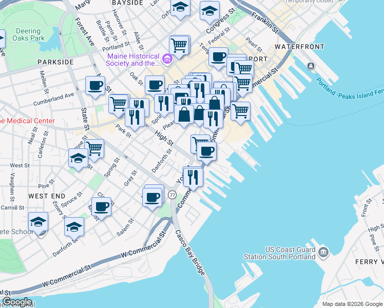 map of restaurants, bars, coffee shops, grocery stores, and more near 27 High Street in Portland