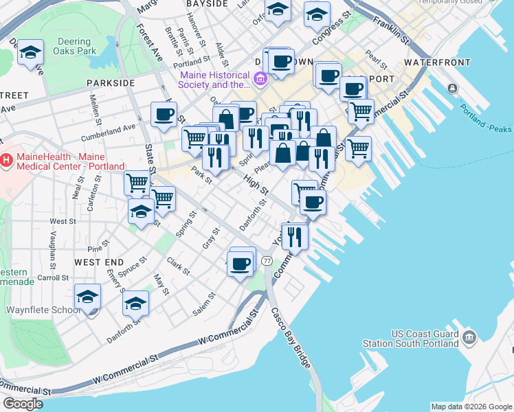 map of restaurants, bars, coffee shops, grocery stores, and more near 96 Danforth Street in Portland