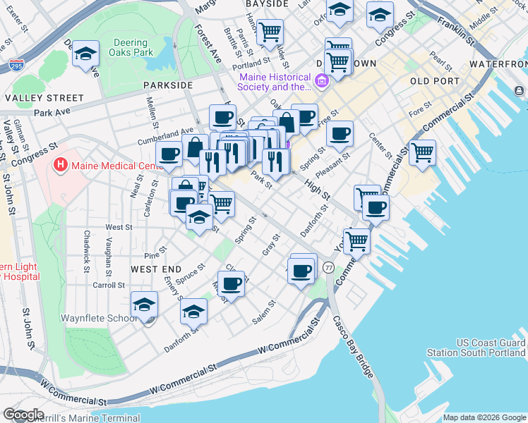 map of restaurants, bars, coffee shops, grocery stores, and more near 144 State Street in Portland