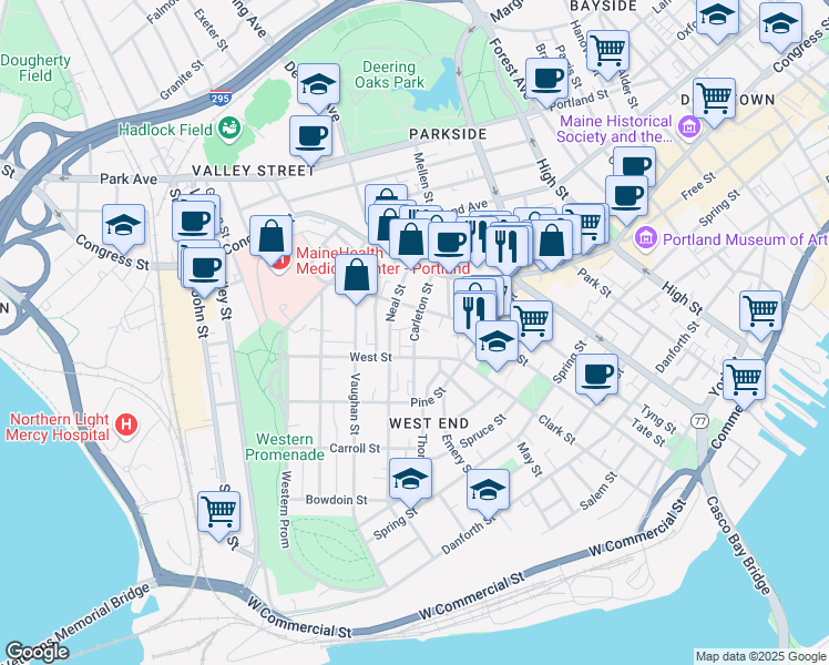 map of restaurants, bars, coffee shops, grocery stores, and more near 43 Carleton Street in Portland