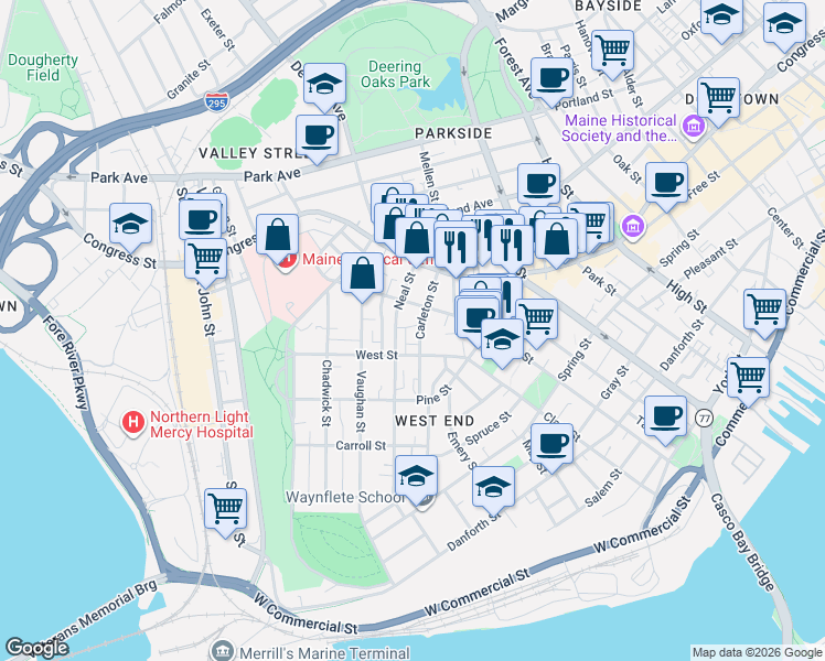 map of restaurants, bars, coffee shops, grocery stores, and more near 43 Carleton Street in Portland