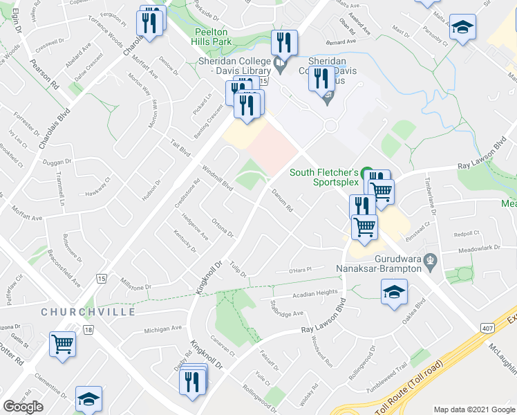 map of restaurants, bars, coffee shops, grocery stores, and more near 37 Windmill Boulevard in Brampton