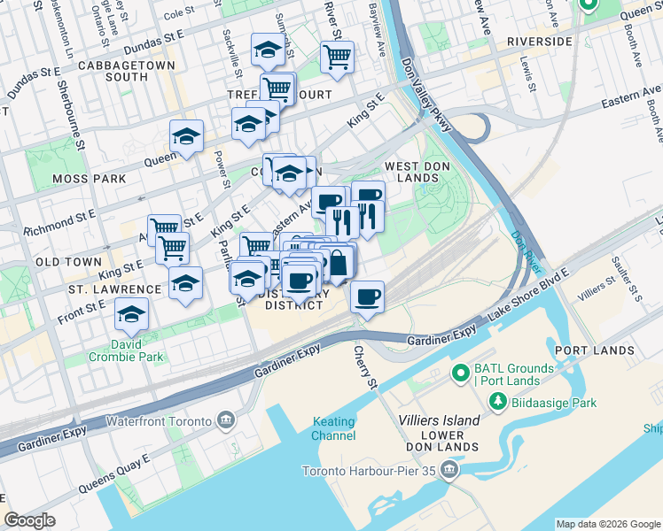 map of restaurants, bars, coffee shops, grocery stores, and more near in Toronto