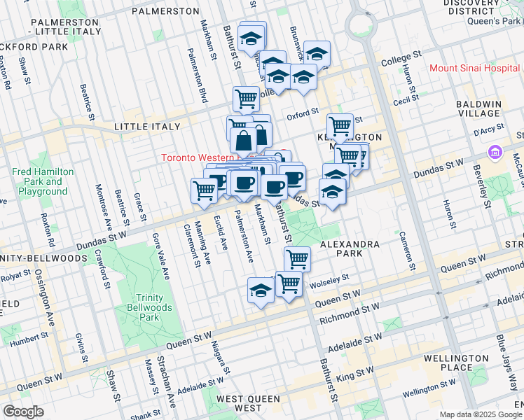 map of restaurants, bars, coffee shops, grocery stores, and more near 137 A Markham Street in Toronto