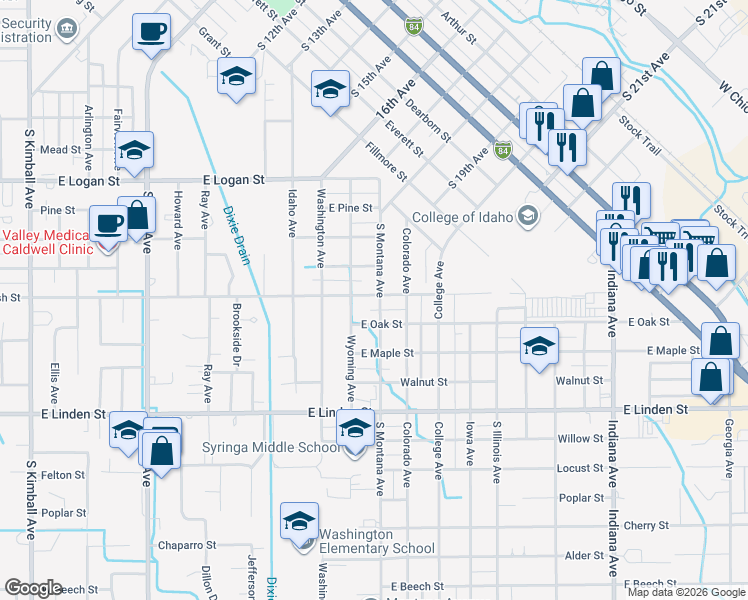 map of restaurants, bars, coffee shops, grocery stores, and more near 1224 East Ash Street in Caldwell