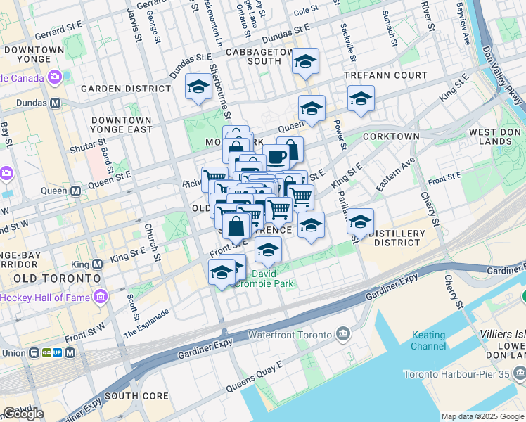 map of restaurants, bars, coffee shops, grocery stores, and more near 234 King Street East in Toronto