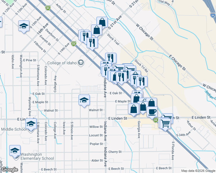 map of restaurants, bars, coffee shops, grocery stores, and more near 2111 South Indiana Avenue in Caldwell