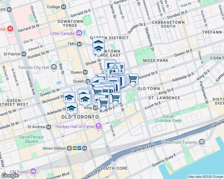 map of restaurants, bars, coffee shops, grocery stores, and more near in Toronto