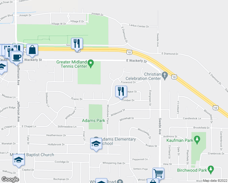 map of restaurants, bars, coffee shops, grocery stores, and more near 1213 Montague Street in Midland