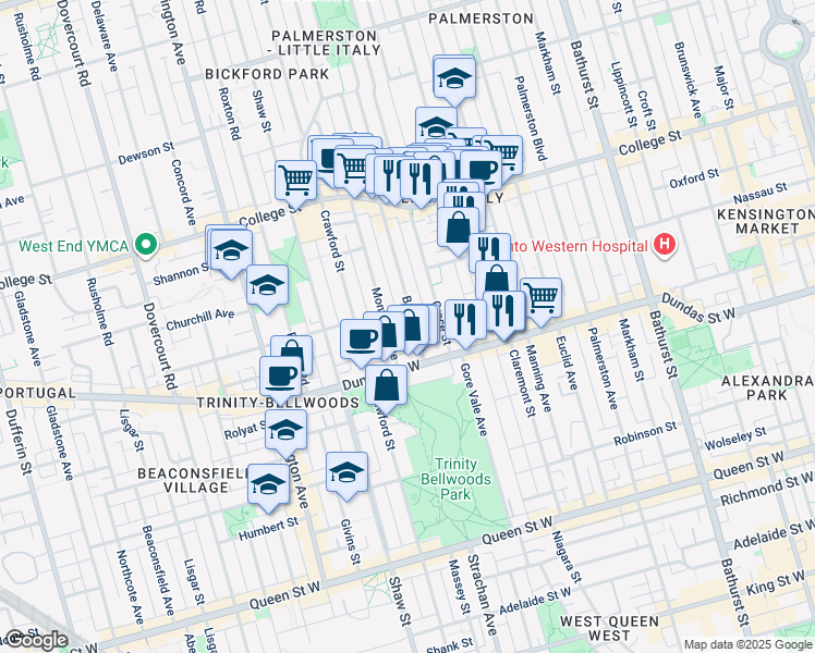 map of restaurants, bars, coffee shops, grocery stores, and more near 28 Beatrice Street in Toronto