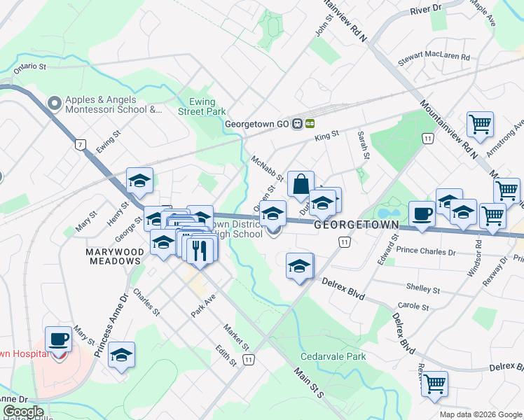 map of restaurants, bars, coffee shops, grocery stores, and more near 6 Queen Street in Halton Hills