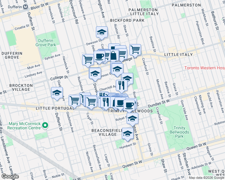 map of restaurants, bars, coffee shops, grocery stores, and more near 65 Lakeview Avenue in Toronto