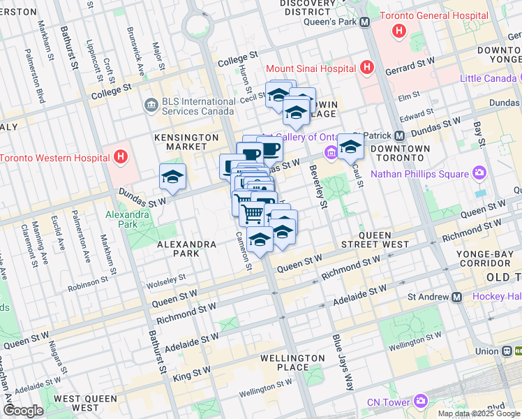 map of restaurants, bars, coffee shops, grocery stores, and more near 222 Spadina Avenue in Toronto