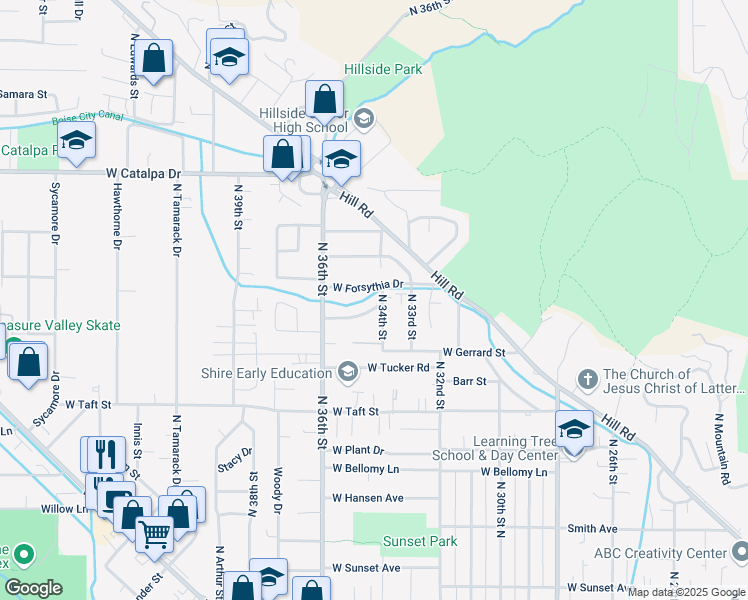 map of restaurants, bars, coffee shops, grocery stores, and more near 3410 West Magnolia Street in Boise