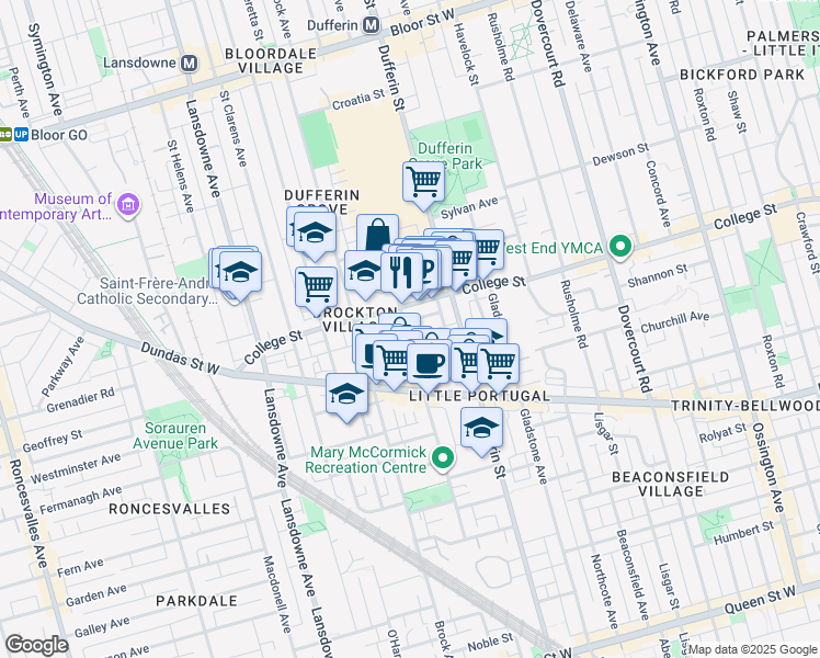 map of restaurants, bars, coffee shops, grocery stores, and more near 177 Sheridan Avenue in Toronto