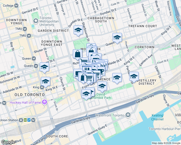 map of restaurants, bars, coffee shops, grocery stores, and more near 205 Frederick Street in Toronto