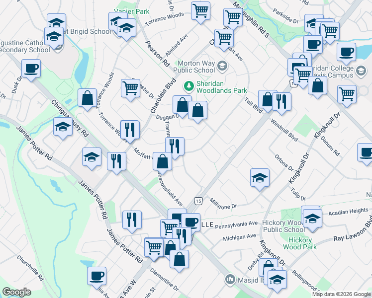 map of restaurants, bars, coffee shops, grocery stores, and more near 130 Moffatt Avenue in Brampton