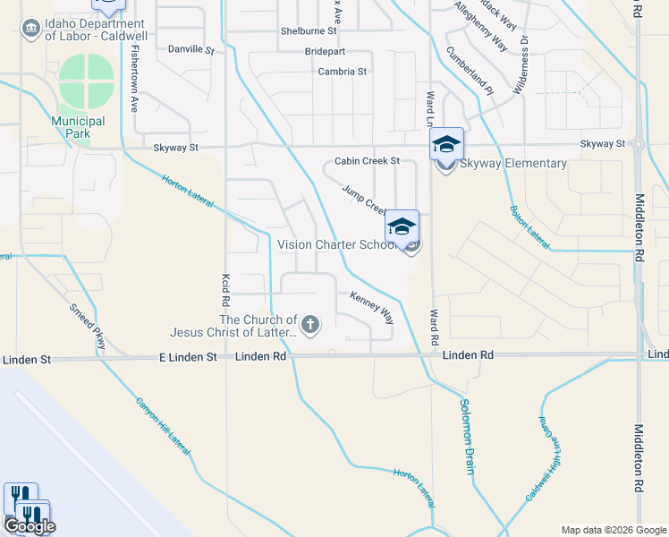 map of restaurants, bars, coffee shops, grocery stores, and more near 11740 Parakeet Way in Caldwell