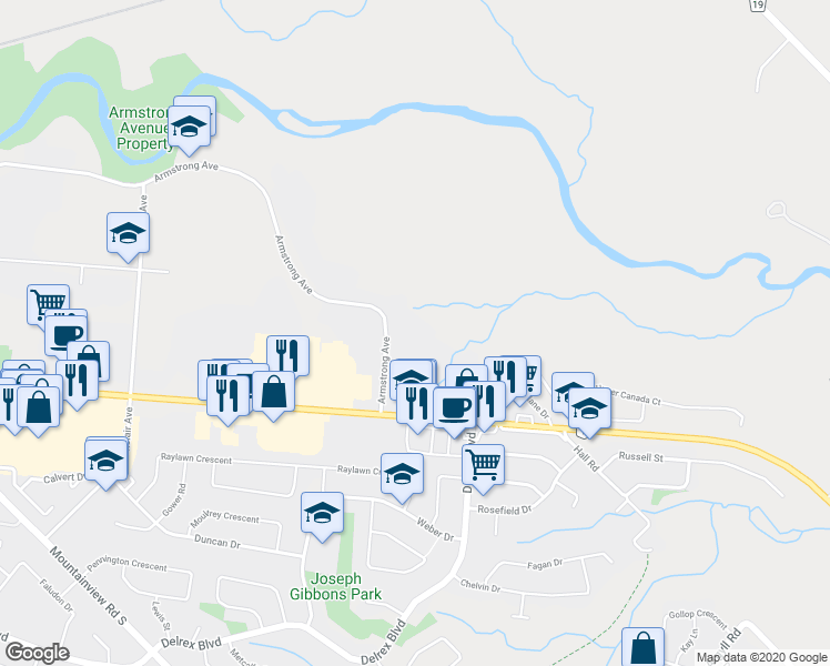 map of restaurants, bars, coffee shops, grocery stores, and more near 305 Armstrong Avenue in Halton Hills