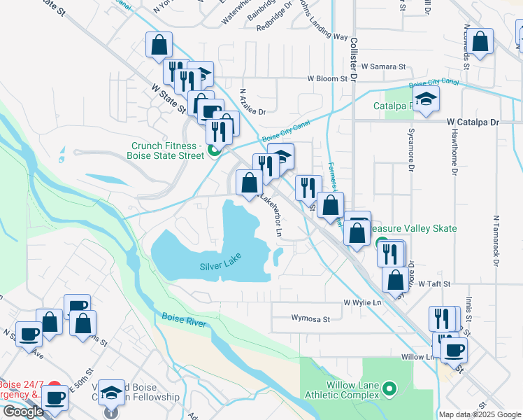 map of restaurants, bars, coffee shops, grocery stores, and more near 3098 North Lakeharbor Lane in Boise