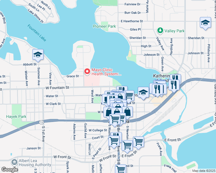 map of restaurants, bars, coffee shops, grocery stores, and more near 216 West Fountain Street in Albert Lea