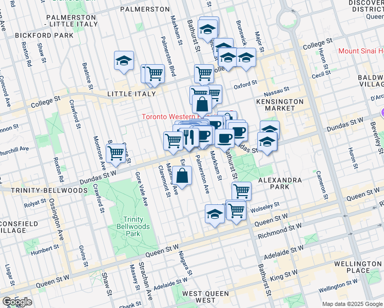 map of restaurants, bars, coffee shops, grocery stores, and more near 808 Dundas Street West in Toronto