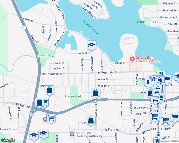 map of restaurants, bars, coffee shops, grocery stores, and more near 904 West Fountain Street in Albert Lea