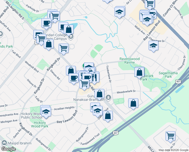map of restaurants, bars, coffee shops, grocery stores, and more near 50 Thorntree Crescent in Brampton