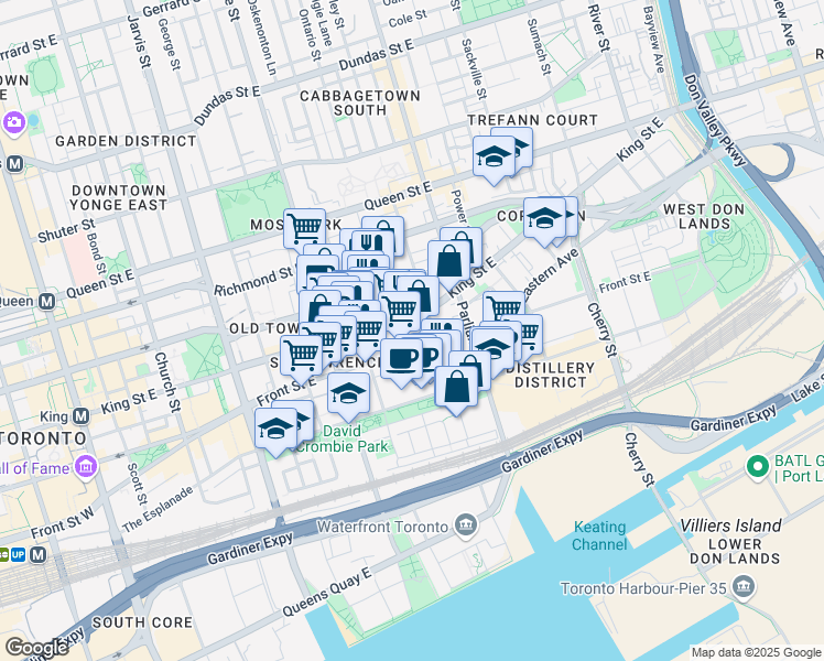 map of restaurants, bars, coffee shops, grocery stores, and more near 351 King Street East in Toronto