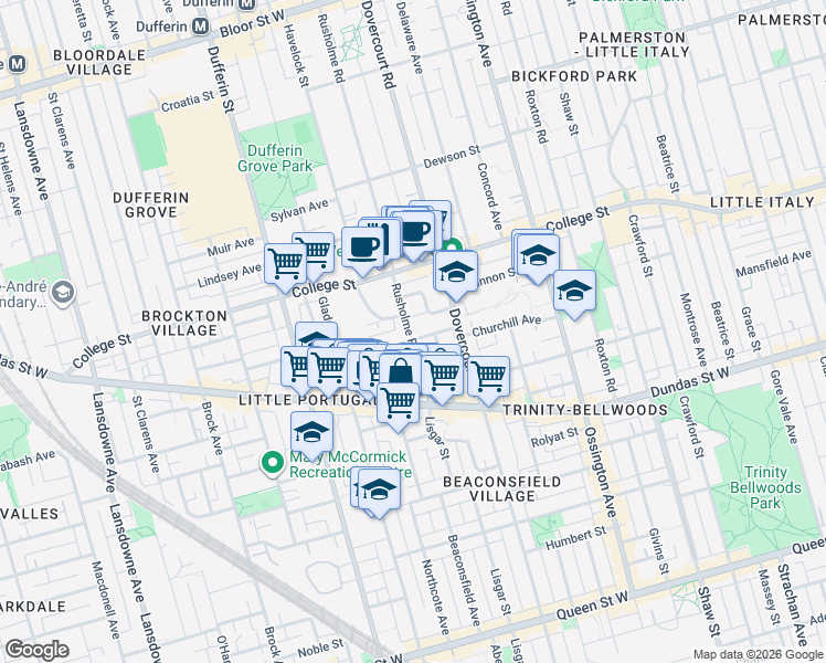 map of restaurants, bars, coffee shops, grocery stores, and more near 69 Rusholme Road in Toronto