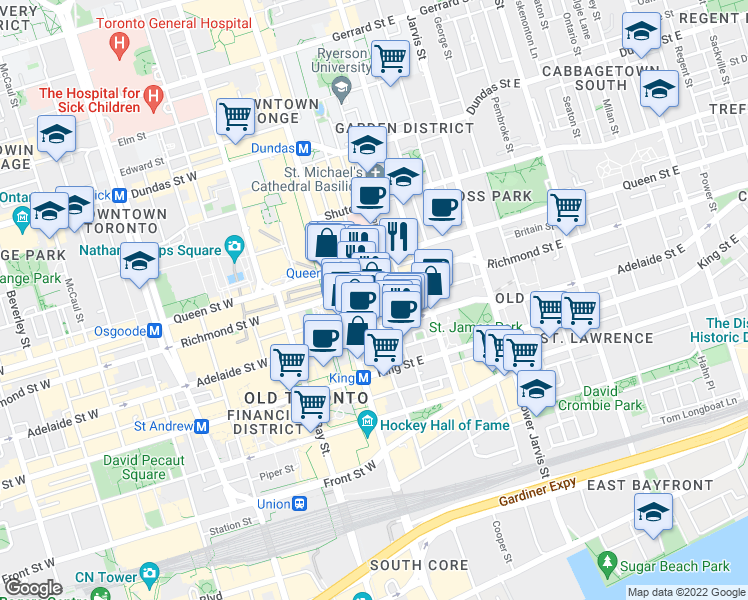map of restaurants, bars, coffee shops, grocery stores, and more near 74 Victoria Street in Toronto