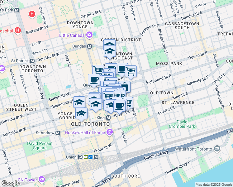 map of restaurants, bars, coffee shops, grocery stores, and more near 22 Lombard Street in Toronto