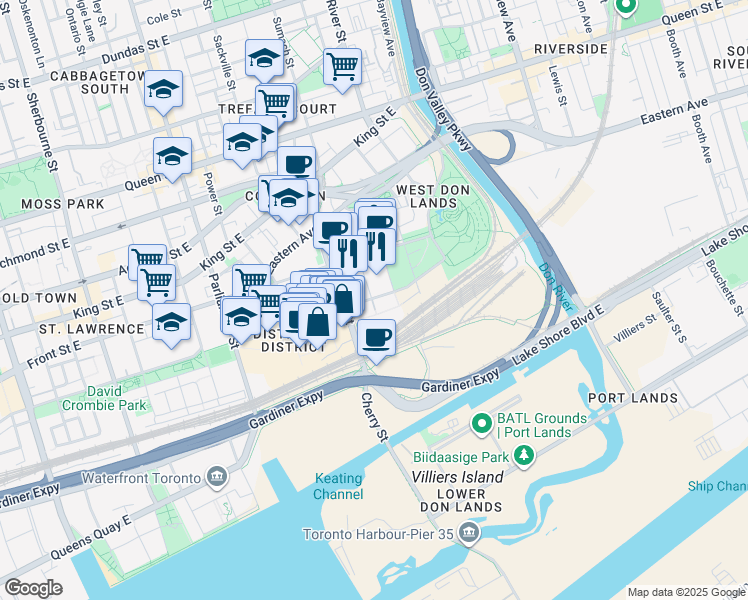 map of restaurants, bars, coffee shops, grocery stores, and more near 125 Mill Street in Toronto