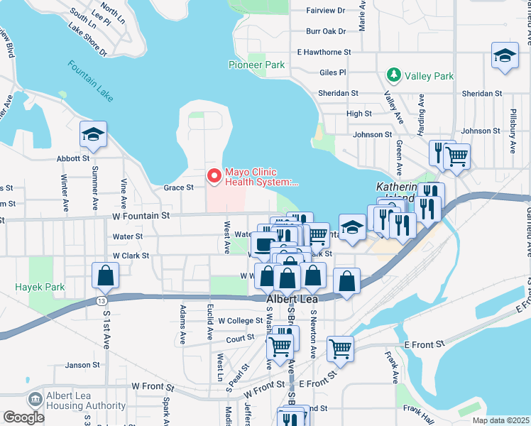 map of restaurants, bars, coffee shops, grocery stores, and more near 216 West Fountain Street in Albert Lea