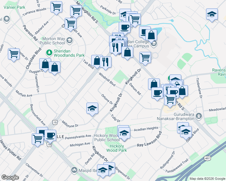 map of restaurants, bars, coffee shops, grocery stores, and more near 12 Diane Court in Brampton