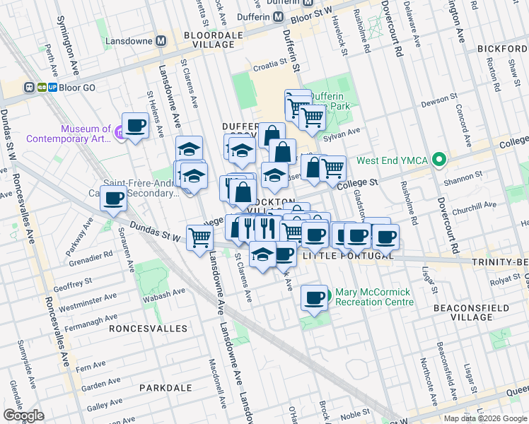 map of restaurants, bars, coffee shops, grocery stores, and more near 1211 College Street in Toronto