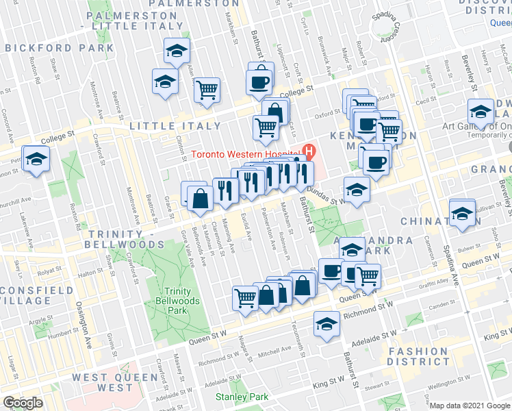 map of restaurants, bars, coffee shops, grocery stores, and more near 819 Dundas Street West in Toronto